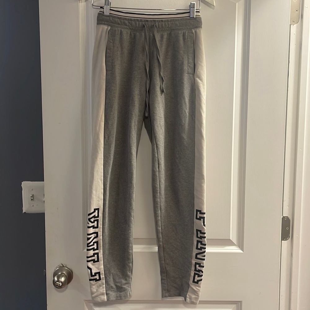 Victoria’s Secret pink small petite, gray and white logo drawstring joggers